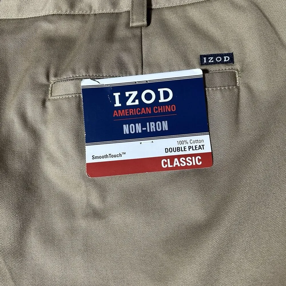 Izod American Chino Double Pleat 42x32 Classic Khaki Non Iron Cotton NWT Work